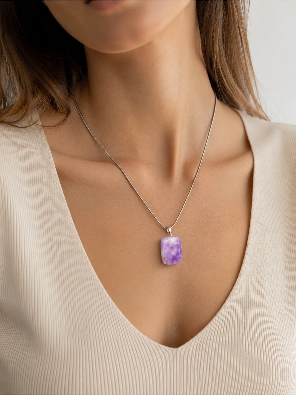 Polished Amethyst Necklace Purple Crystal Pendant Minimalist Jewelry 46 cm
